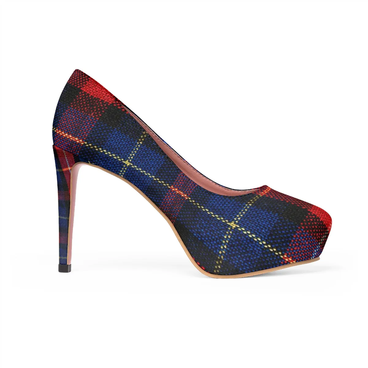 Red Blue Plaid Heels, Tartan Print Women's 4" Platform Heels Pumps Shoes (US Size 5-11)