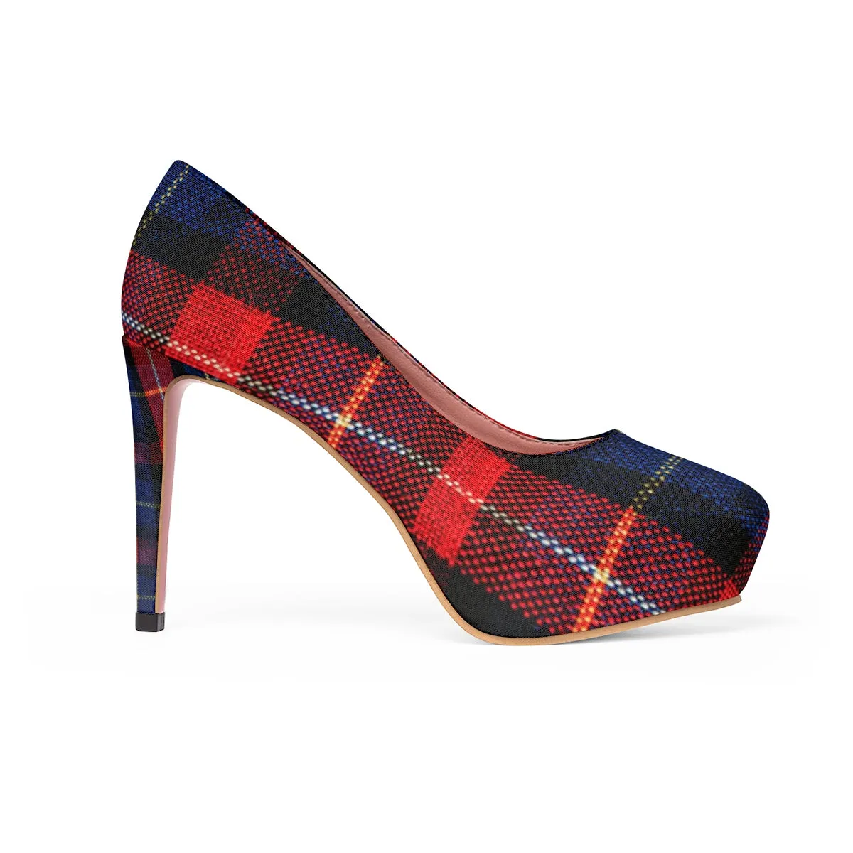 Red Blue Plaid Heels, Tartan Print Women's 4" Platform Heels Pumps Shoes (US Size 5-11)