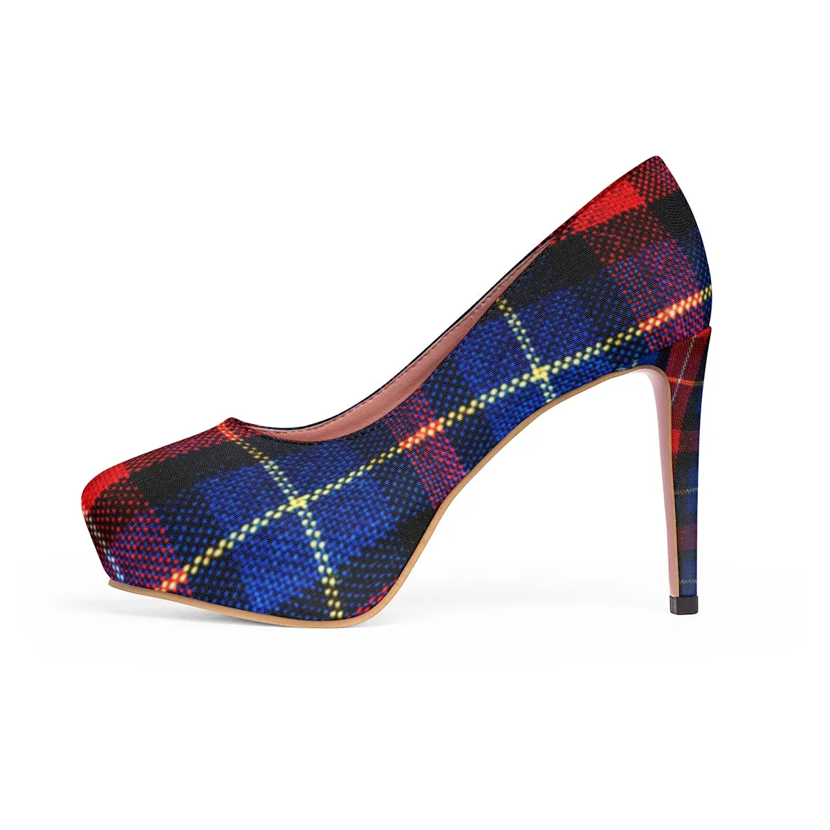 Red Blue Plaid Heels, Tartan Print Women's 4" Platform Heels Pumps Shoes (US Size 5-11)