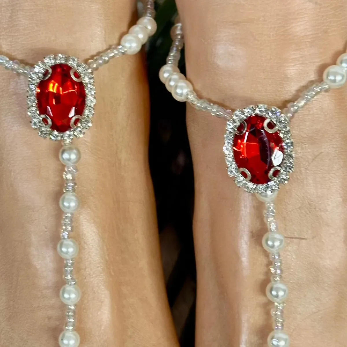 RUBY beaded barefoot sandals  - red