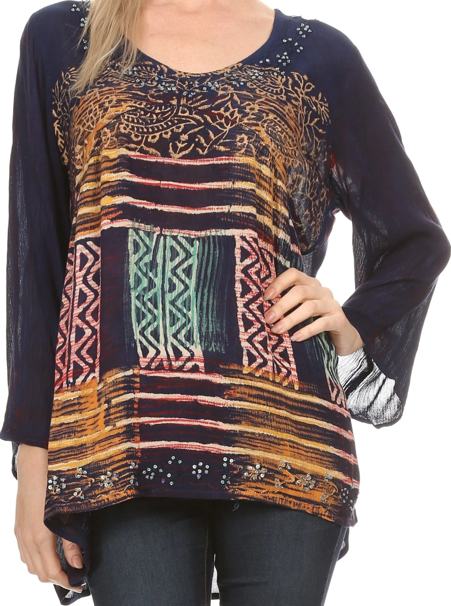 Sakkas Franchesca Sequine Embroidered Aztec Print Long Sleeve Blouse Shirt Top