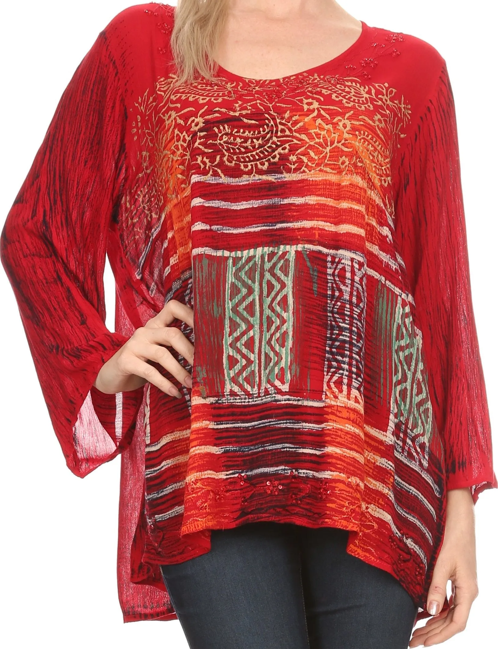 Sakkas Franchesca Sequine Embroidered Aztec Print Long Sleeve Blouse Shirt Top