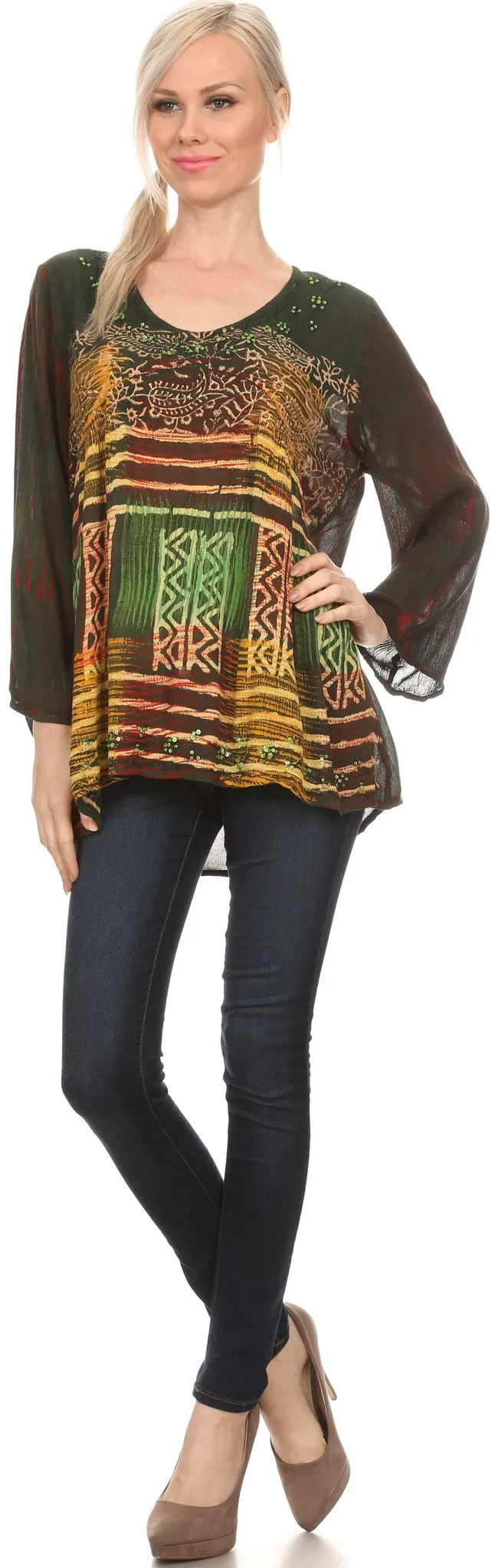 Sakkas Franchesca Sequine Embroidered Aztec Print Long Sleeve Blouse Shirt Top