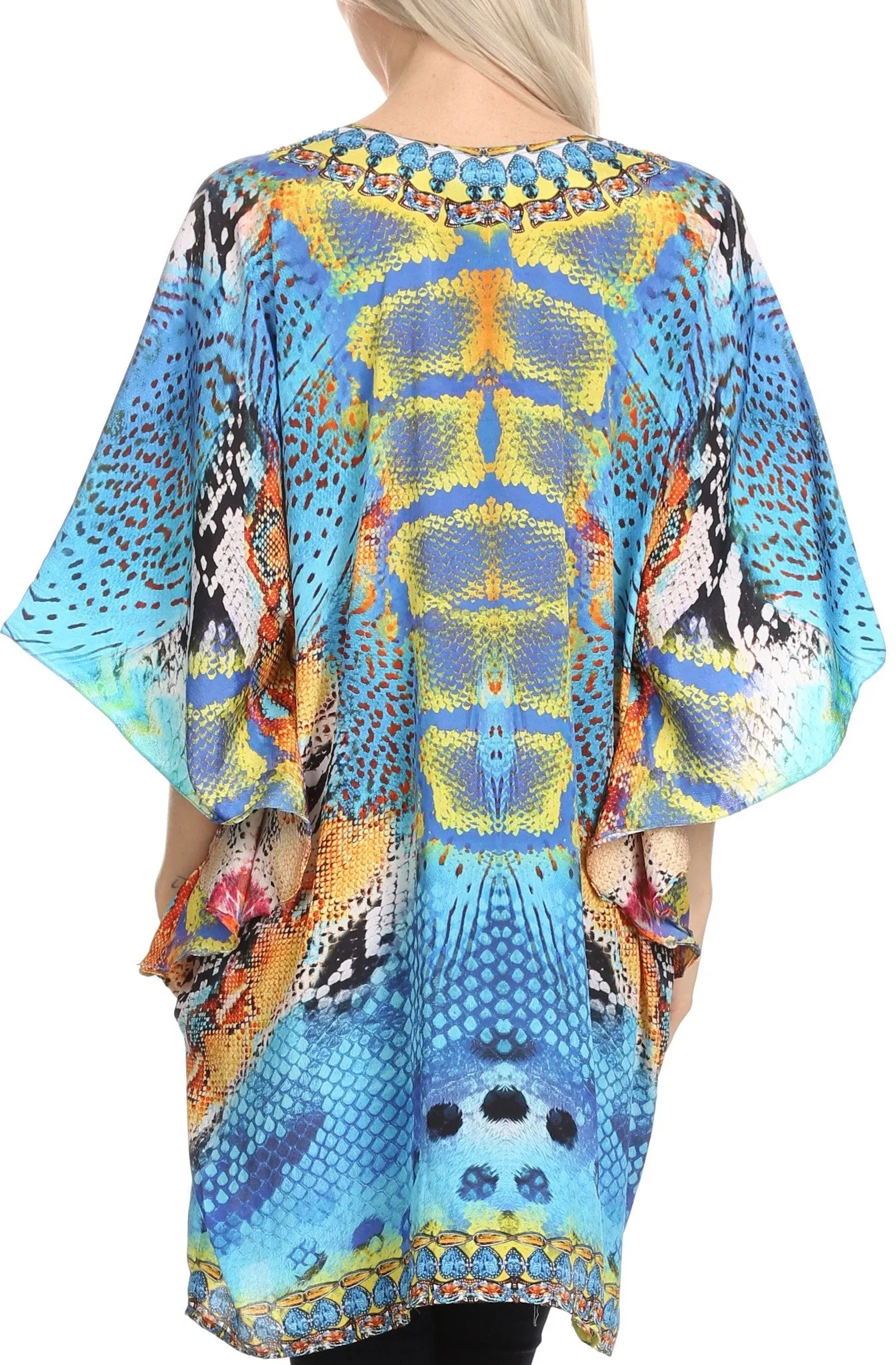 Sakkas Journie Short Printed Wide Sleeve Plunging V-Neck Lace-Up Kaftan Tunic Top