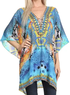 Sakkas Journie Short Printed Wide Sleeve Plunging V-Neck Lace-Up Kaftan Tunic Top