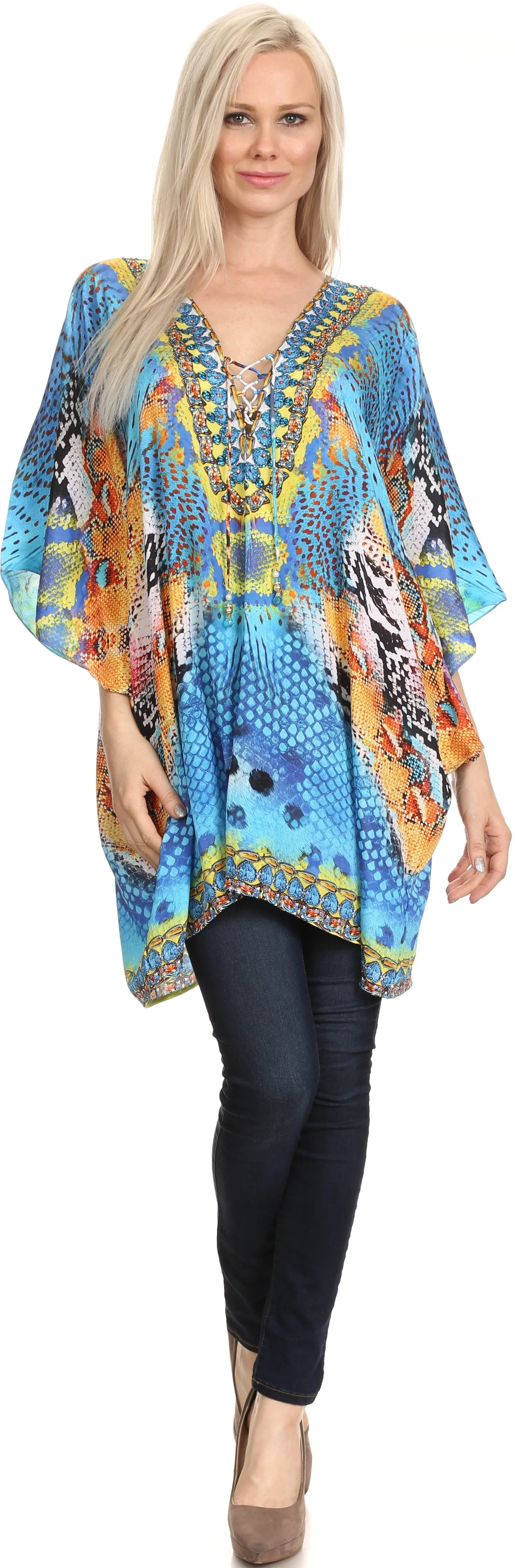 Sakkas Journie Short Printed Wide Sleeve Plunging V-Neck Lace-Up Kaftan Tunic Top