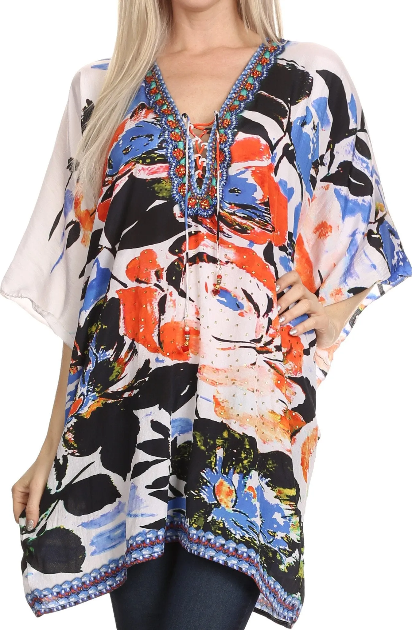 Sakkas Journie Short Printed Wide Sleeve Plunging V-Neck Lace-Up Kaftan Tunic Top