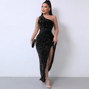 Shimmery Sequin High Split One Shoulder Gown Maxi Dress - Black