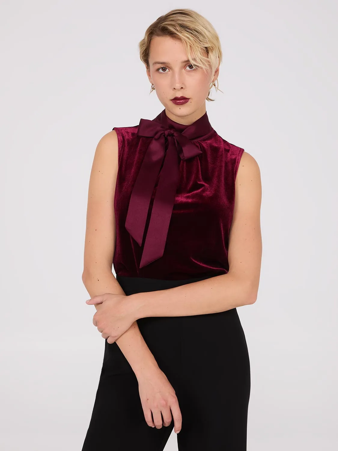 Sleeveless Mock Neck Velvet Top