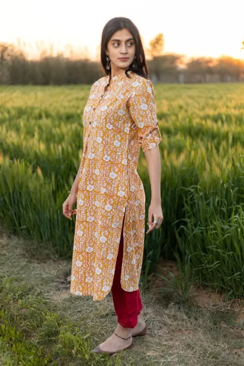 Sootisyahi 'Amber Delight' Azofree Handblock Printed Pure Cotton Kurti