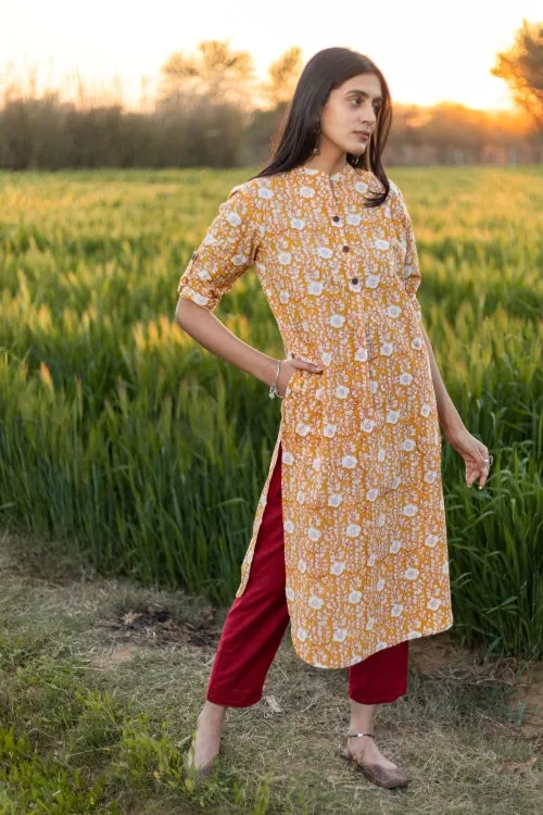 Sootisyahi 'Amber Delight' Azofree Handblock Printed Pure Cotton Kurti