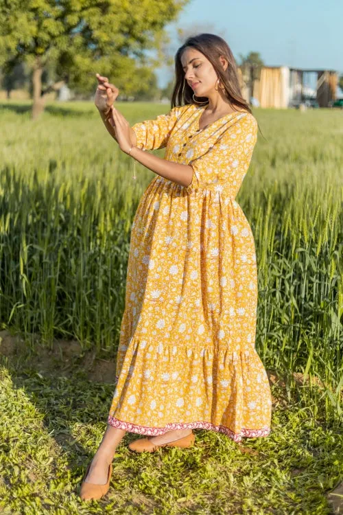 Sootisyahi 'Little Bit Sunshine' Azofree Handblock Printed Pure Cotton Dress