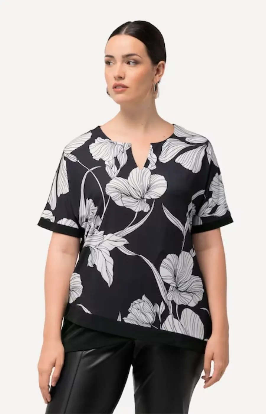 Ulla Popken Flower Print Blouse in Black