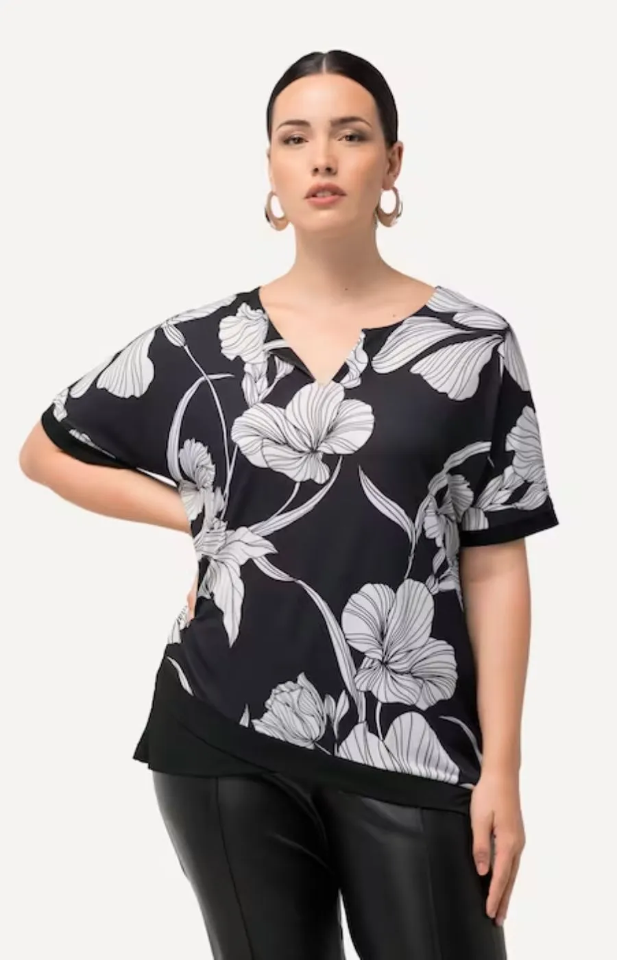 Ulla Popken Flower Print Blouse in Black