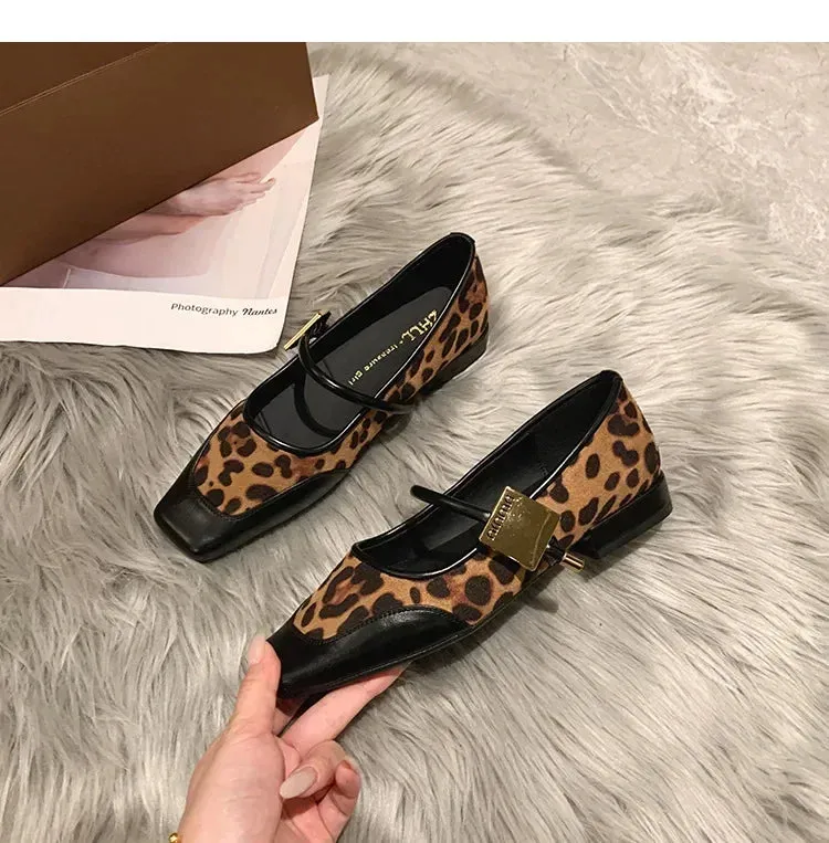 Uniwim New 2024 Autumn Fashion Women's Flats Square Toe Leopard Print Casual Shoes Ladies Breathable Soft Mary Jane Shoes Plus Size 45