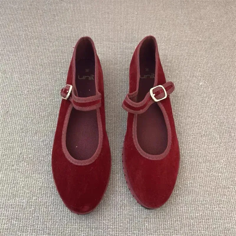 Velvet Mary Jane Shoes for Women Hand Stitch Casual Streetwear Ballet Flats Pumps Female Solid Color Red Cloth Shoes Loafers