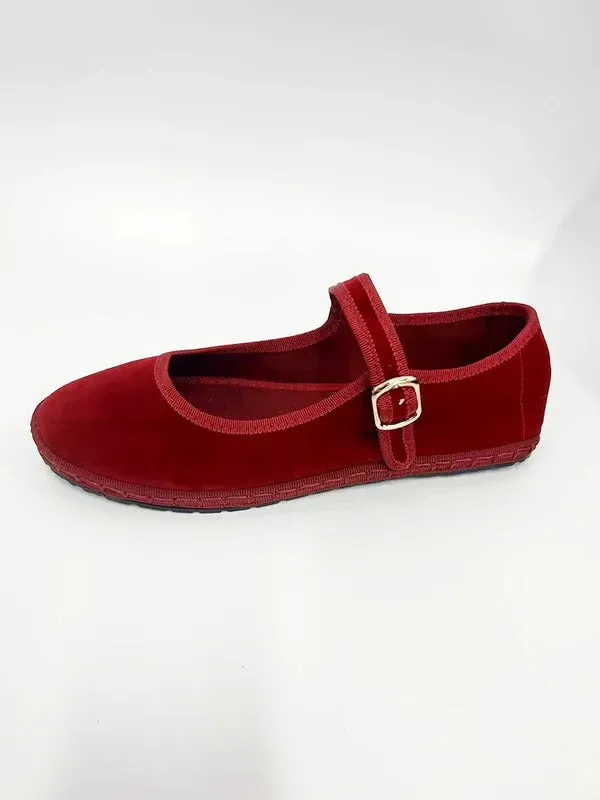 Velvet Mary Jane Shoes for Women Hand Stitch Casual Streetwear Ballet Flats Pumps Female Solid Color Red Cloth Shoes Loafers