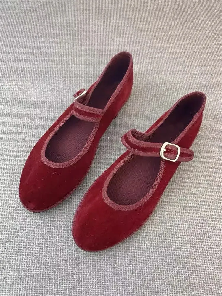 Velvet Mary Jane Shoes for Women Hand Stitch Casual Streetwear Ballet Flats Pumps Female Solid Color Red Cloth Shoes Loafers