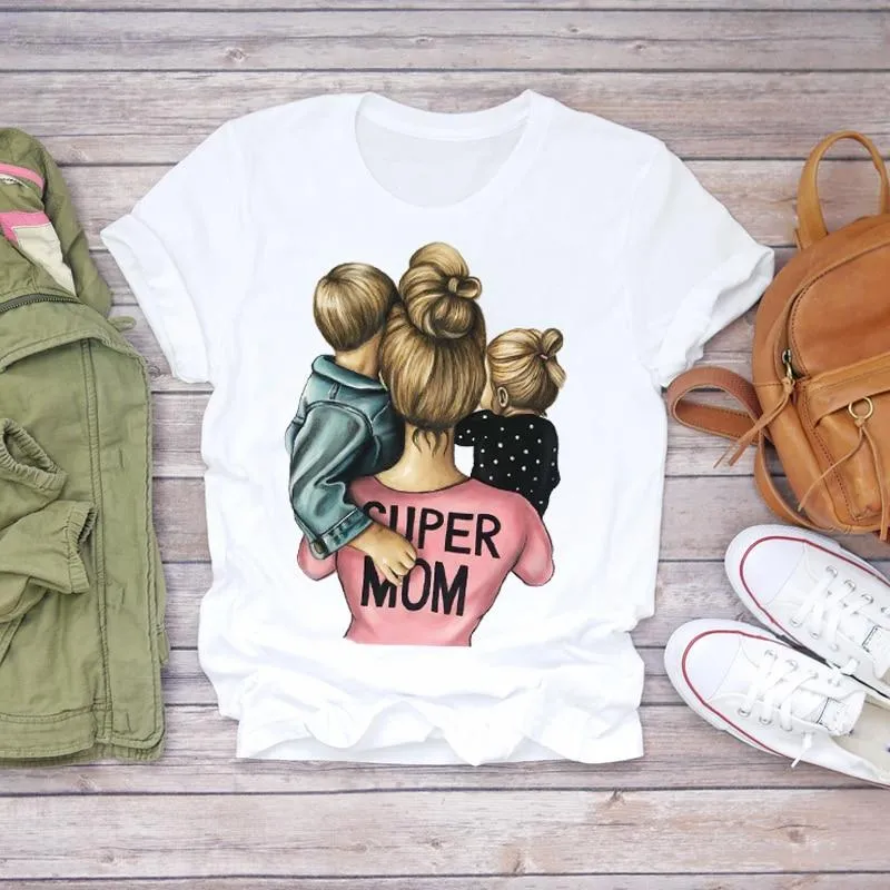 Women Cartoon Super Momlife Summer Graphic Print T-shirts