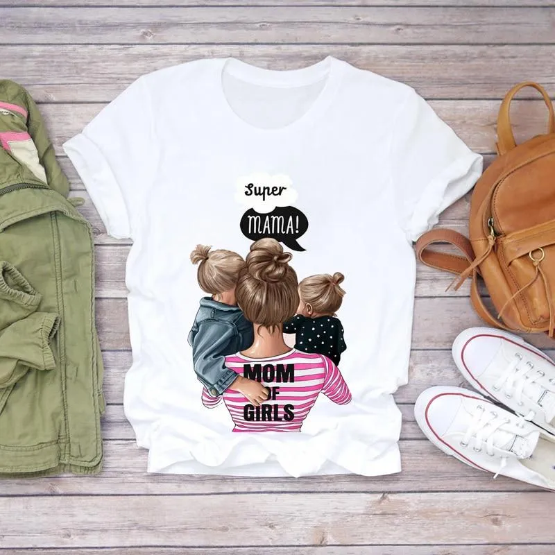 Women Cartoon Super Momlife Summer Graphic Print T-shirts