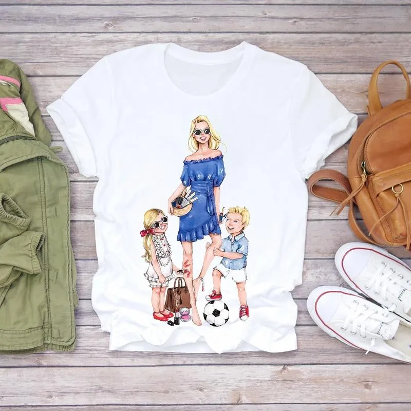 Women Cartoon Super Momlife Summer Graphic Print T-shirts