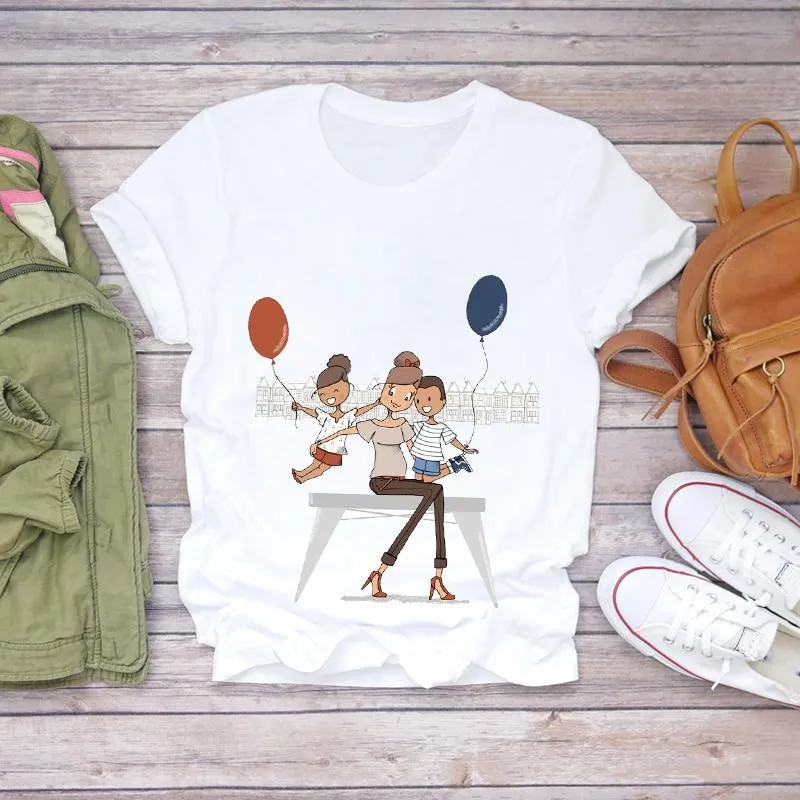 Women Cartoon Super Momlife Summer Graphic Print T-shirts