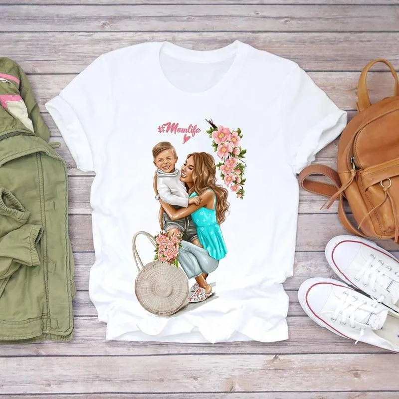 Women Cartoon Super Momlife Summer Graphic Print T-shirts