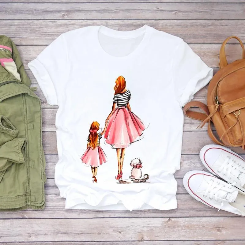 Women Cartoon Super Momlife Summer Graphic Print T-shirts