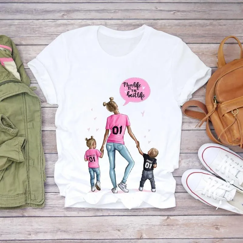 Women Cartoon Super Momlife Summer Graphic Print T-shirts