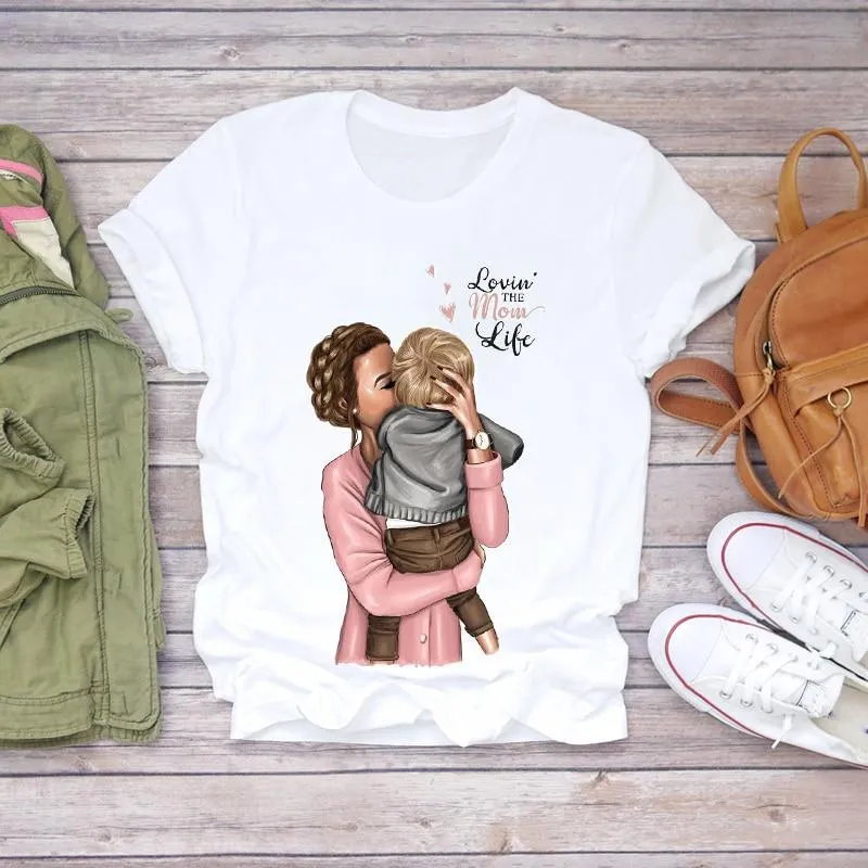 Women Cartoon Super Momlife Summer Graphic Print T-shirts