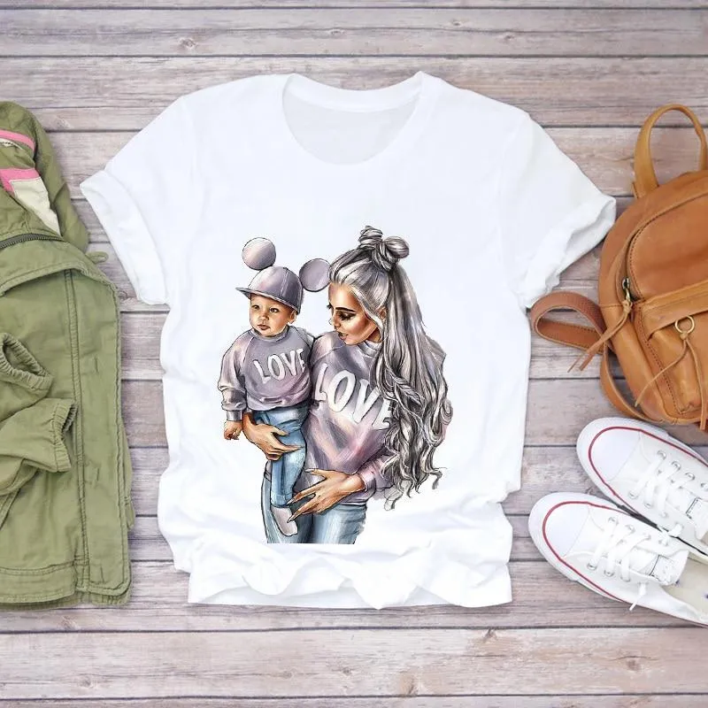 Women Cartoon Super Momlife Summer Graphic Print T-shirts