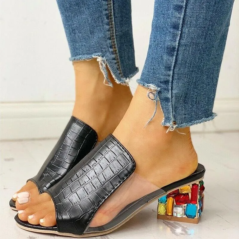 Women colorful peep toe summer chunky heel rhinestone slide sandals