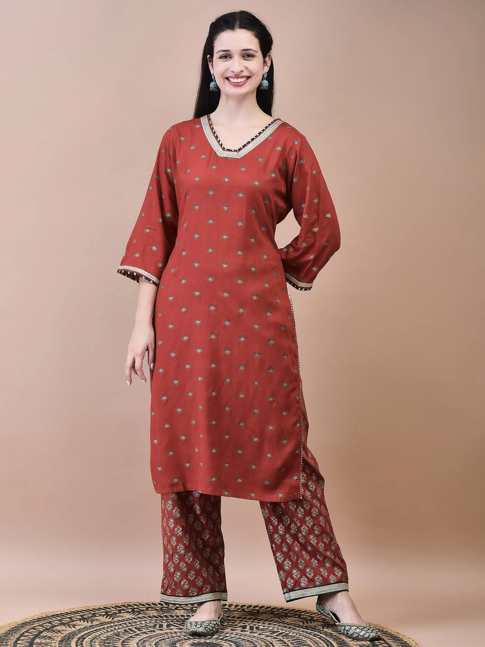 Women Liva Rust Butti Print Kurta Comfort Pant Dupatta