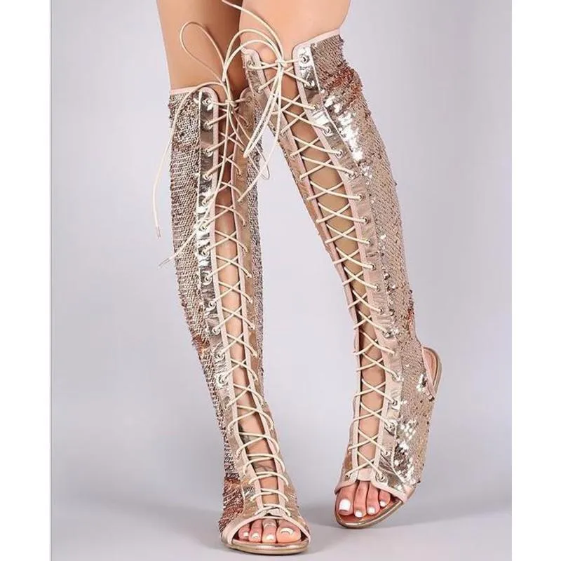 Women sequin knee high slingback peep toe lace up flat sandals