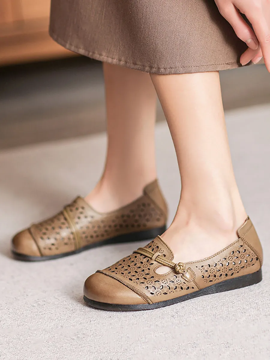 Women Summer Vintage Leather Cutout Soft Flat Shoes BN1038