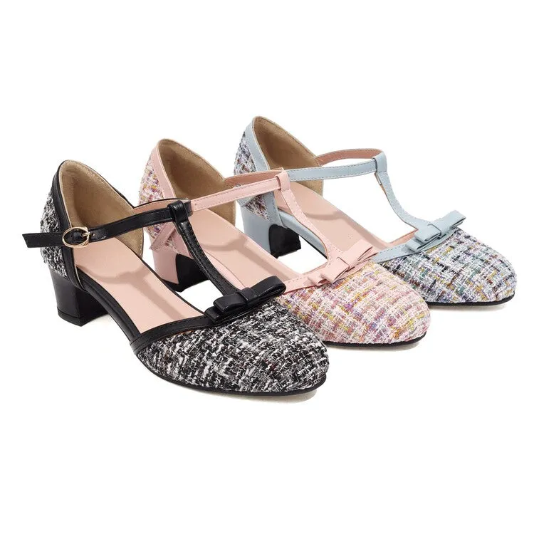 Women's Lattice Fabric Bow Tie T Strap Block Chunky Heel Sandals