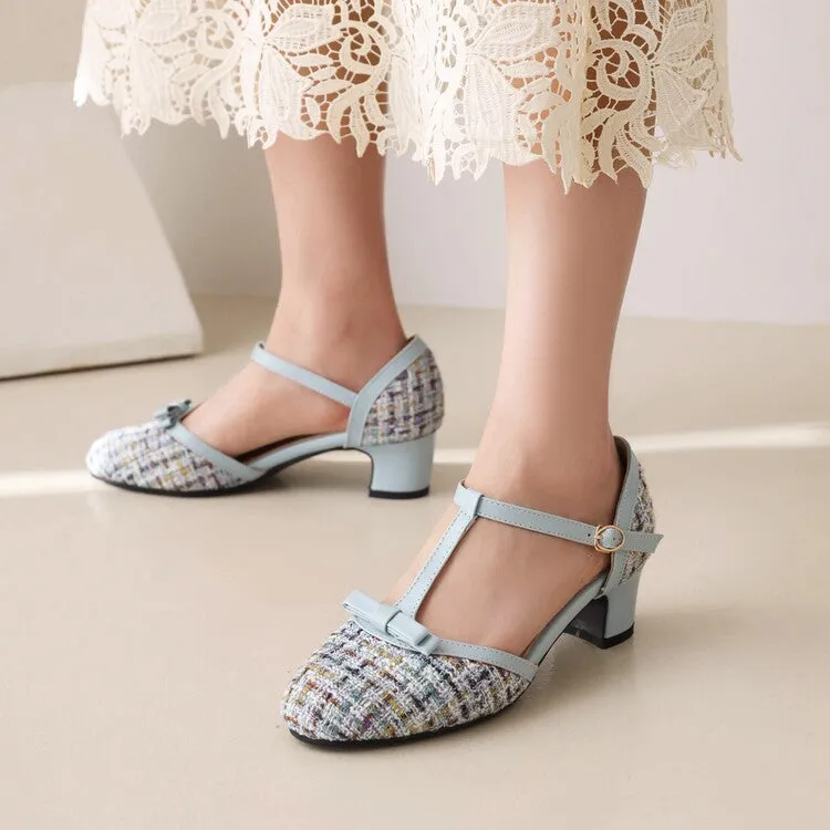 Women's Lattice Fabric Bow Tie T Strap Block Chunky Heel Sandals