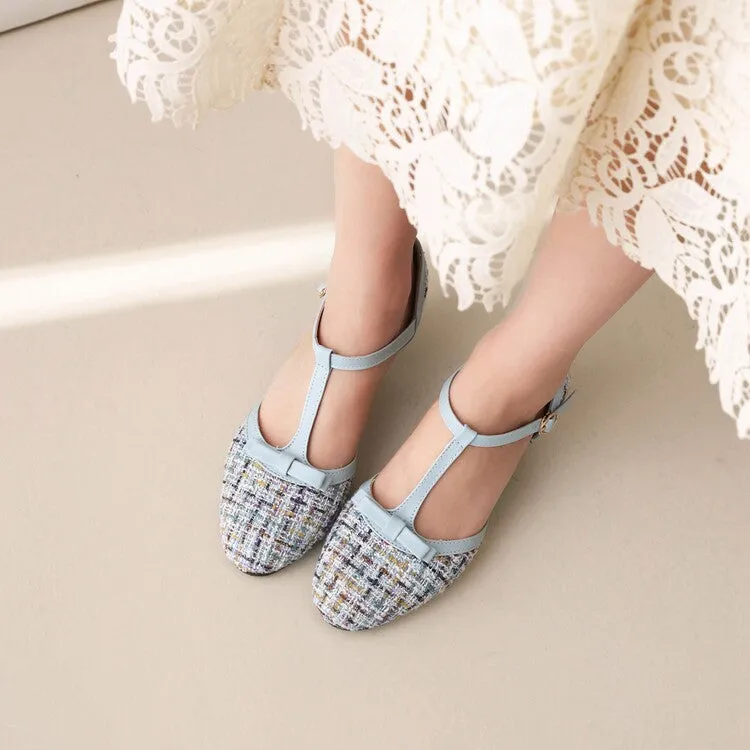 Women's Lattice Fabric Bow Tie T Strap Block Chunky Heel Sandals