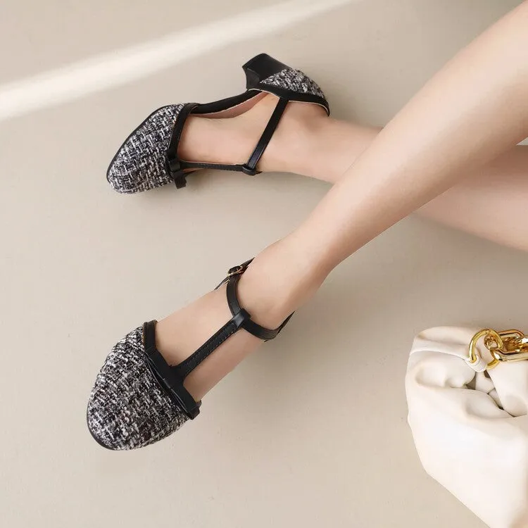 Women's Lattice Fabric Bow Tie T Strap Block Chunky Heel Sandals