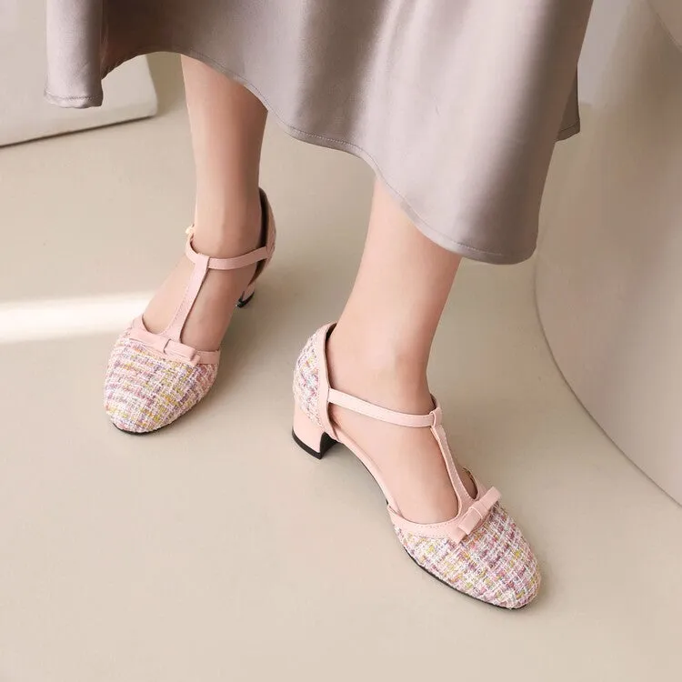 Women's Lattice Fabric Bow Tie T Strap Block Chunky Heel Sandals