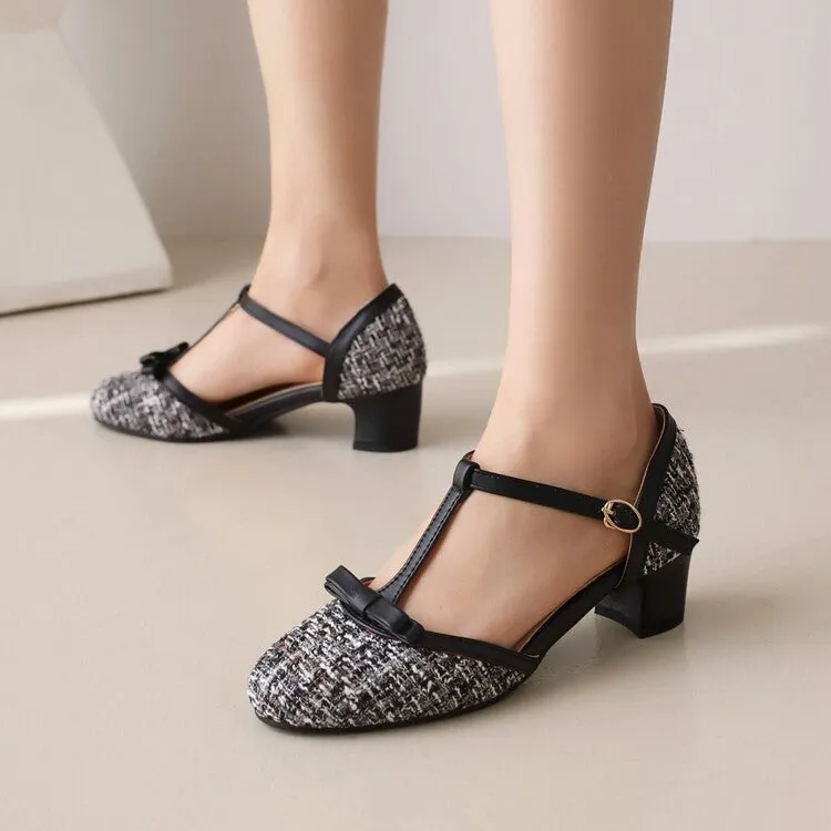 Women's Lattice Fabric Bow Tie T Strap Block Chunky Heel Sandals