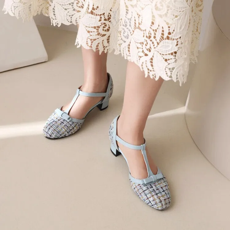 Women's Lattice Fabric Bow Tie T Strap Block Chunky Heel Sandals