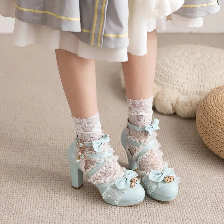 Women's Lolita Lace Butterfly Knot Pearl Chunky Heel PPlatform Sandals