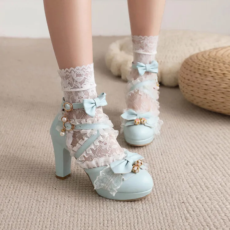 Women's Lolita Lace Butterfly Knot Pearl Chunky Heel PPlatform Sandals