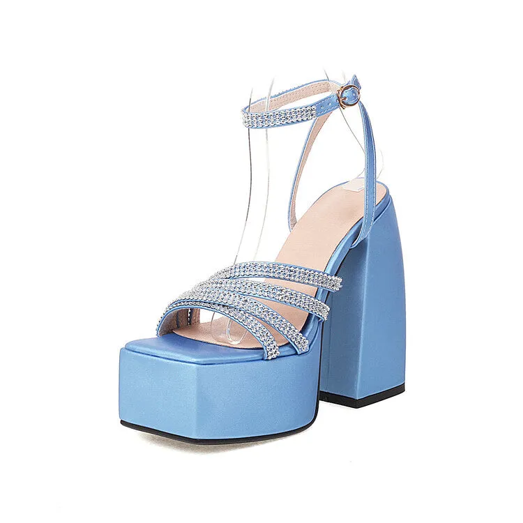 Women's Square Toe Rhinestone Chunky Heel High Heels Platform Sandals