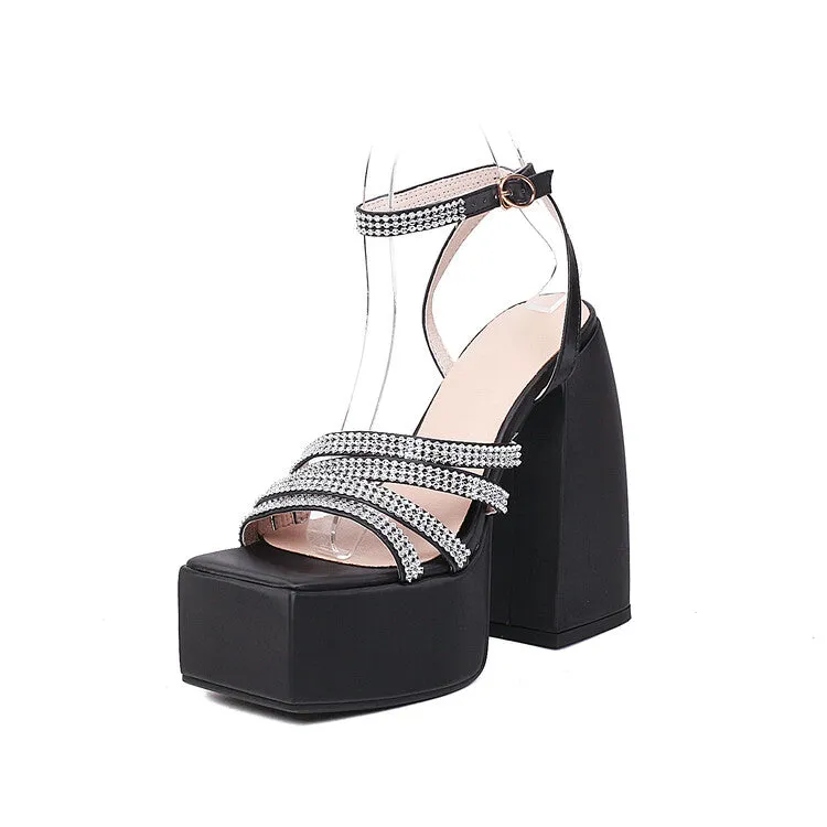 Women's Square Toe Rhinestone Chunky Heel High Heels Platform Sandals