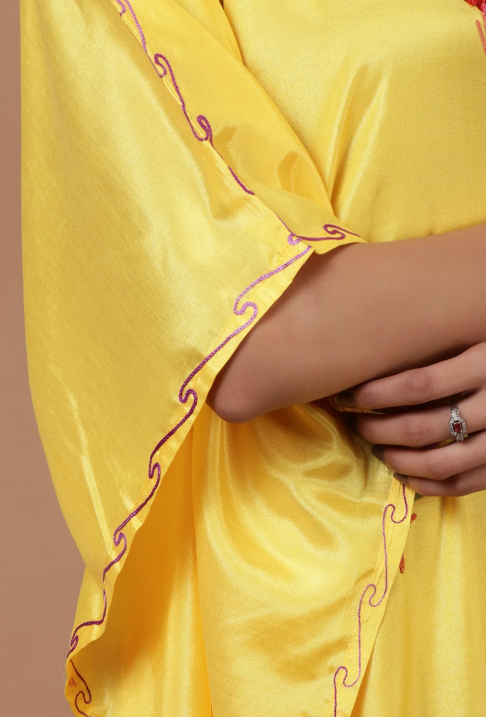 Yellow Silk Ari Embroidered Kaftan- Free Size