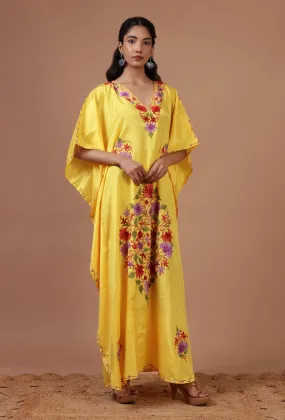 Yellow Silk Ari Embroidered Kaftan- Free Size