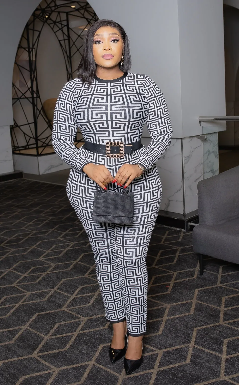 Zuria- Geometric Design Long Sleeve JUMPSUIT