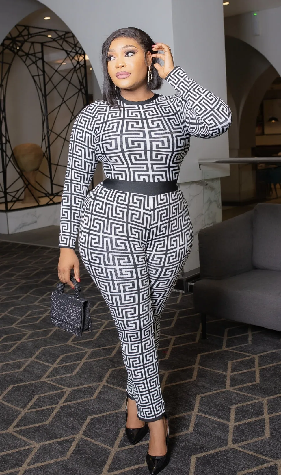 Zuria- Geometric Design Long Sleeve JUMPSUIT